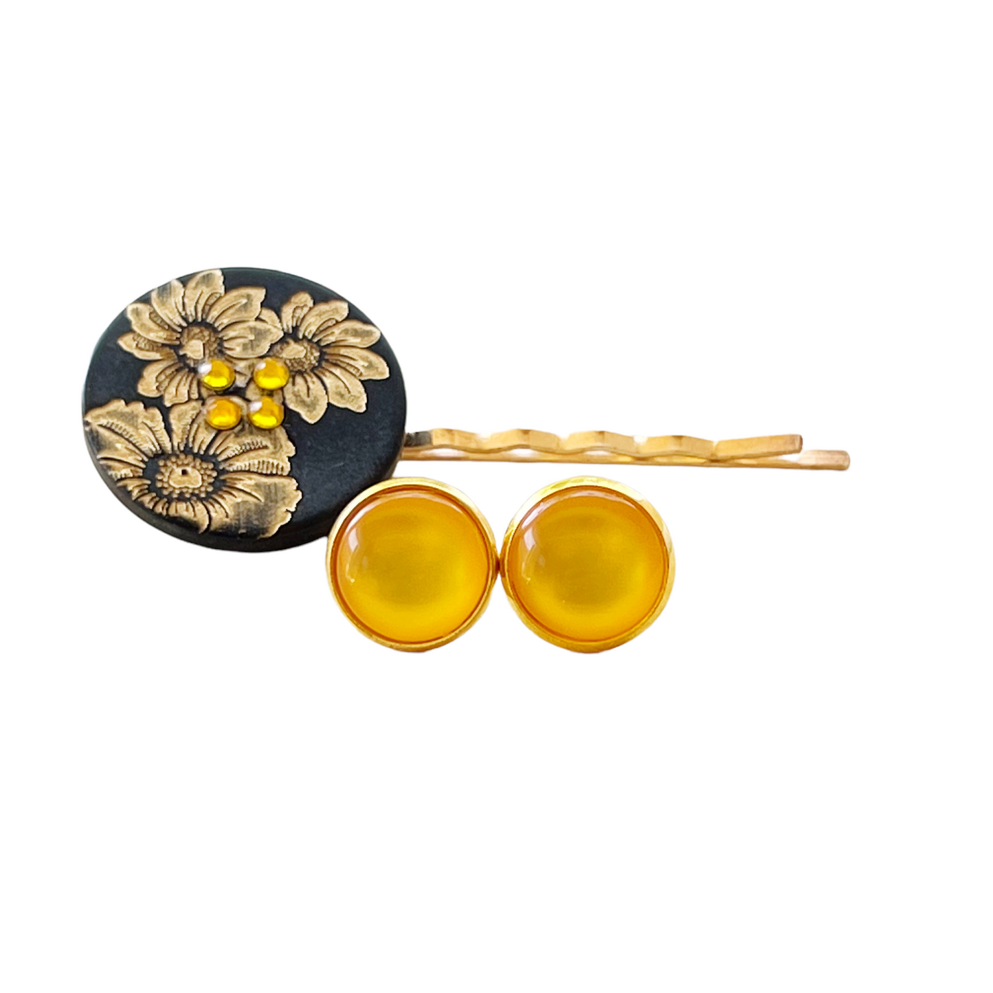 Black & Gold Sunflower Gold Bobby Pin with Matching 12mm Gold Earrings - Stylish Floral Accessories
