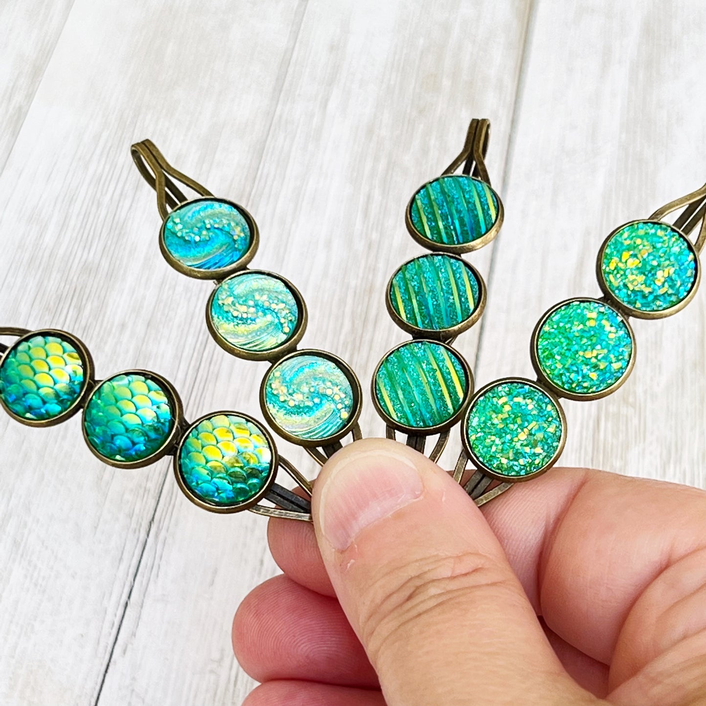 Green Glitter Druzy Hair Pin Set - Set of 4 with Unique Pattern Designs