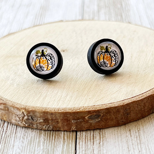 Pumpkin & Sunflower Black Wood Stud Earrings: Unique Autumnal Accents for Your Style