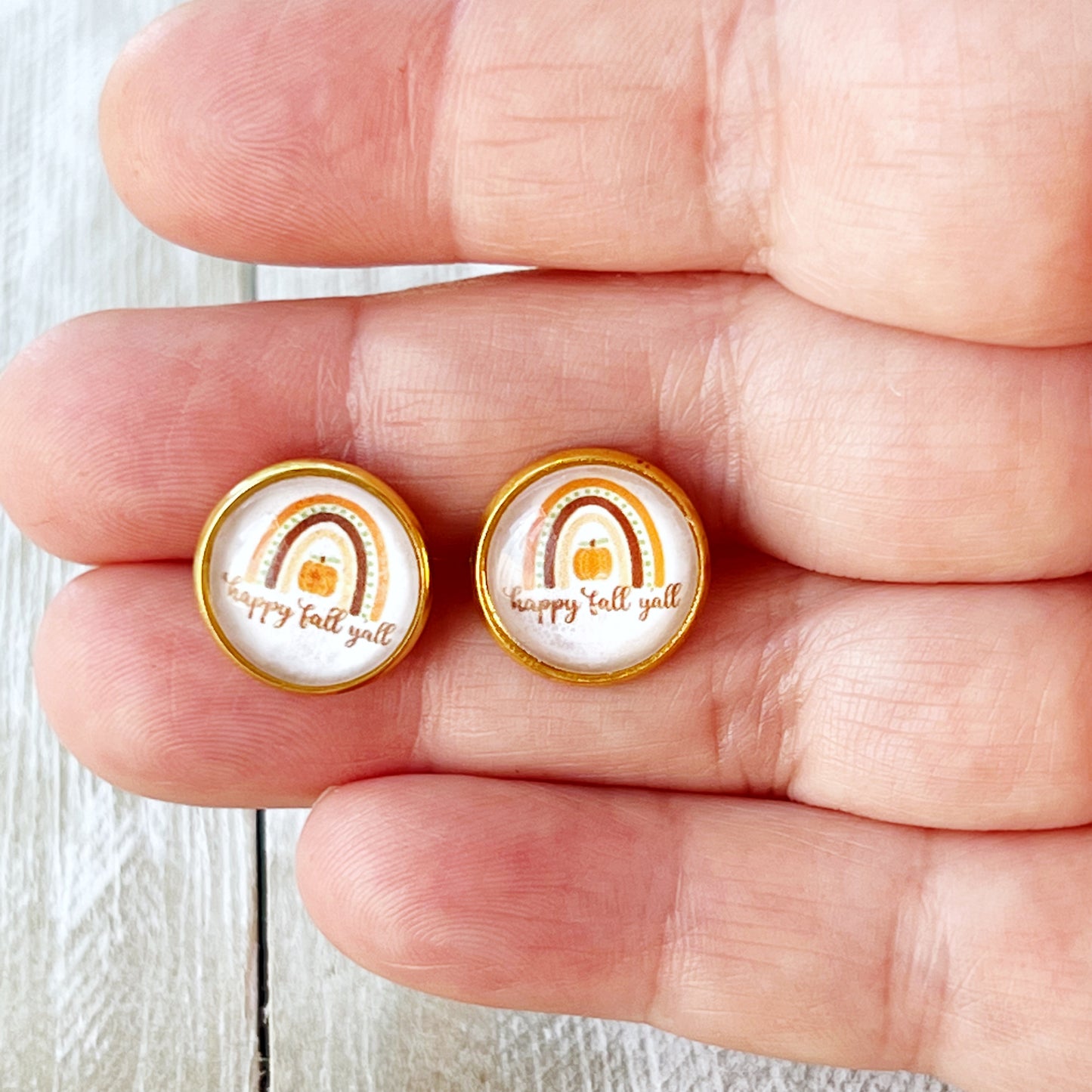 Boho Rainbow Happy Fall Y’all Gold Stud Earrings - Colorful & Festive Autumn Accessories