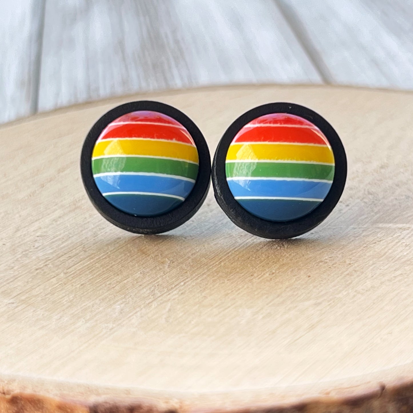 Rainbow Stripe Stud Earrings – Bold Colorful Handmade Jewelry in Black Wood
