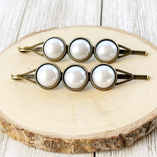 Silver White Pearl Hair Clips, Antiqued Bronze Barrette, Wedding Hair Jewelry, Womens Hair Clip, Womans Barrette, Bridal Hair Piece, Cute Clip