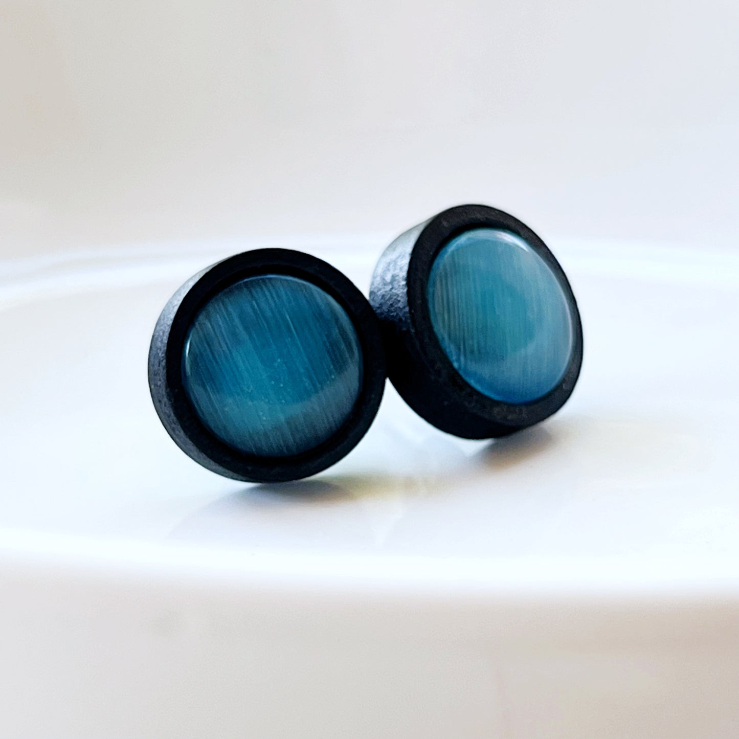 Blue Glass Black Wood Unisex Stud Earrings - Stylish & Versatile Accessories