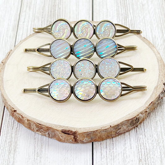 White Glitter Druzy Hair Pins: Set of 4 Stylish Accessories with Unique Patterns