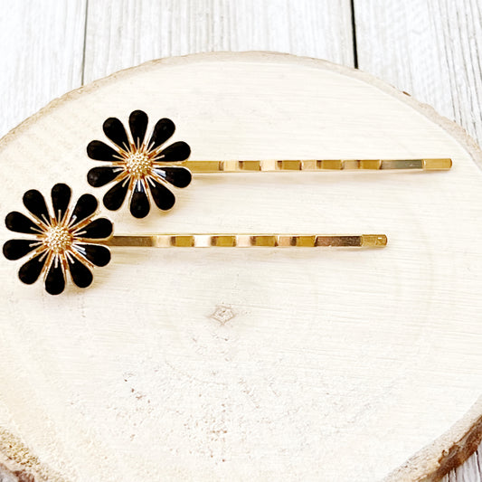 Black Enamel Flower Decorative Gold Hair Pins - Elegant Floral Hair Accessories