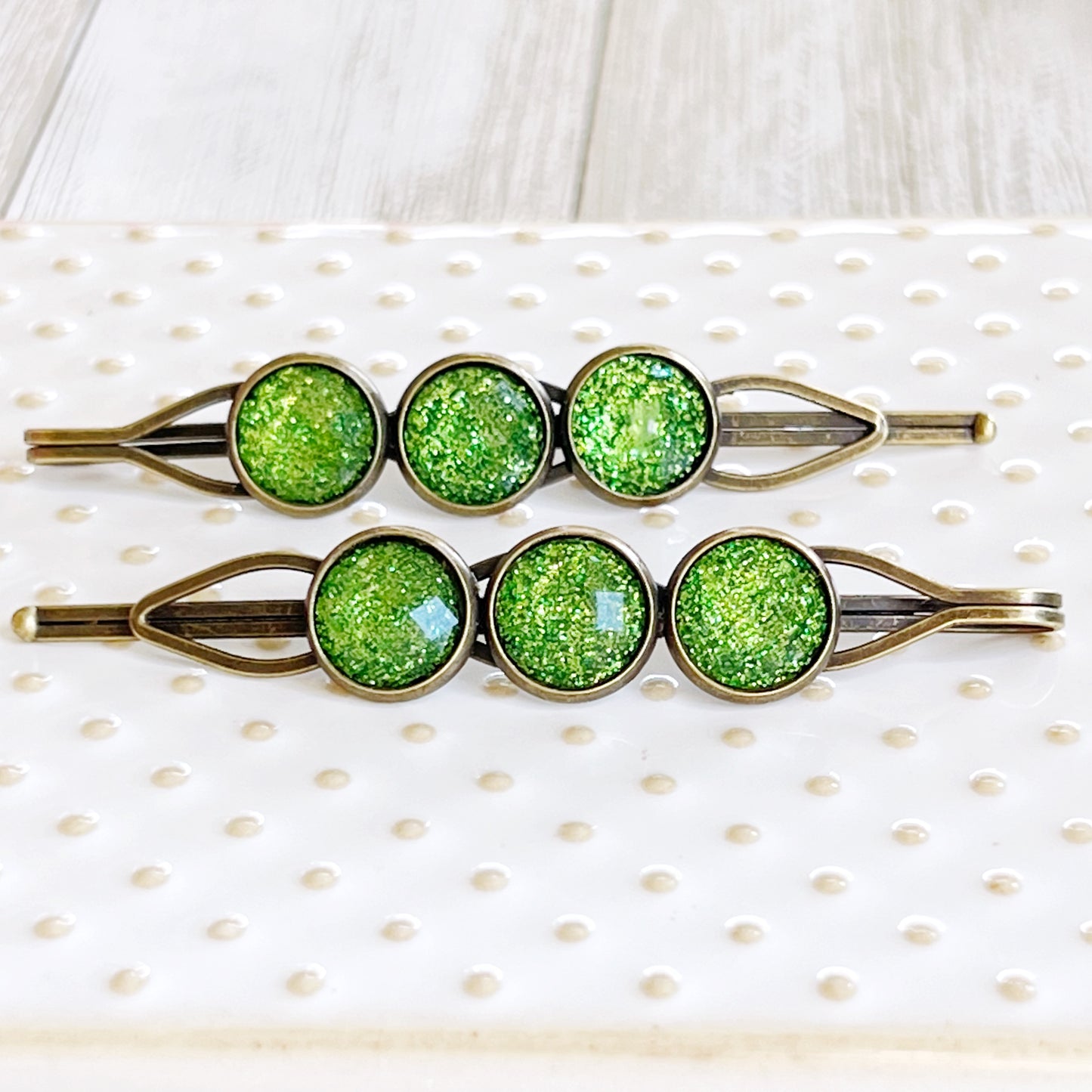 Green Shimmer Hair Pins – Sparkly Boho Hair Accessories Antique Bronze Finish