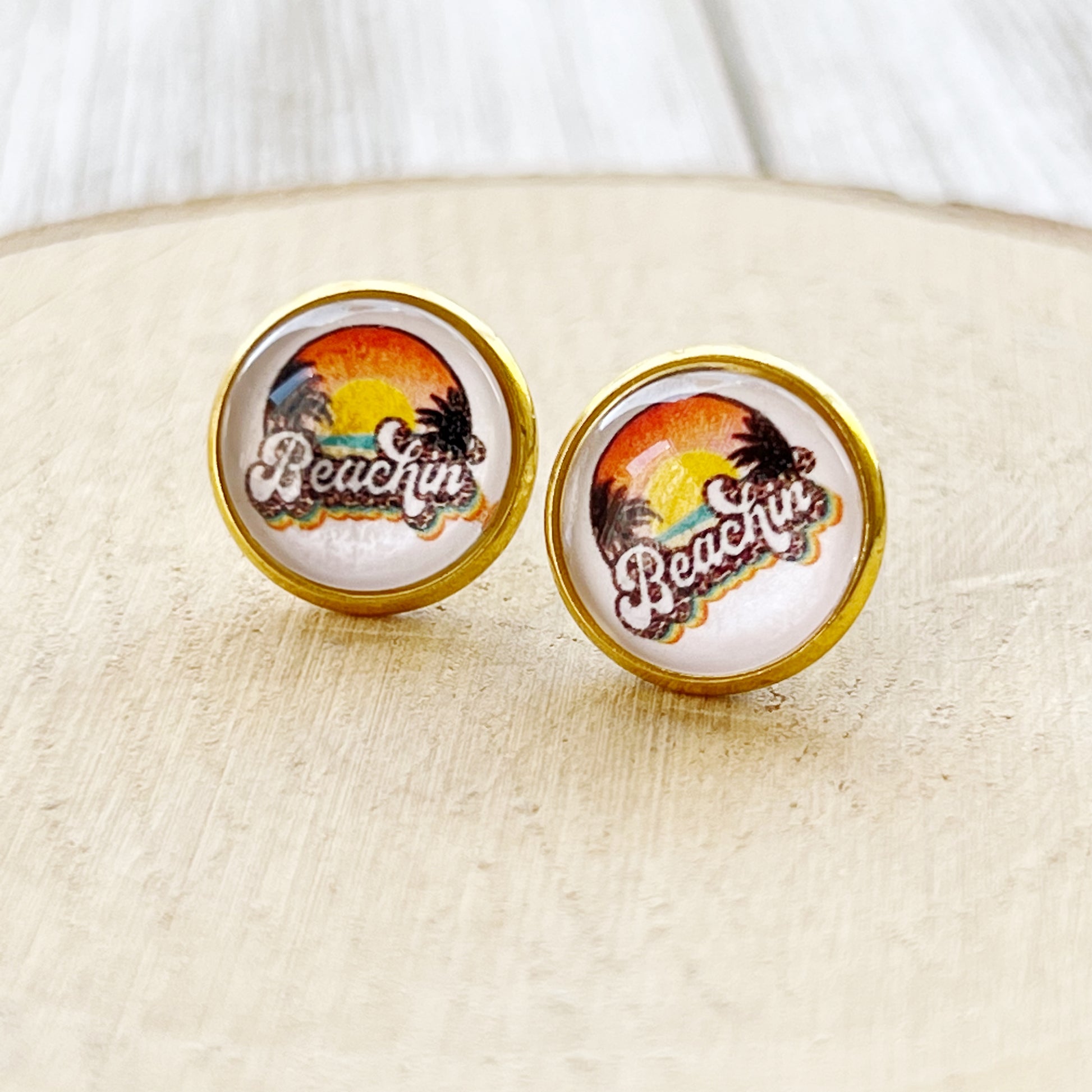 Beach Sunset Gold Stud Earrings - Coastal Chic Accessories