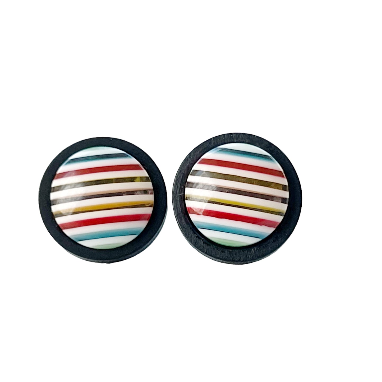 Blue, Red, Yellow Striped Black Wood Stud Earrings - Colorful and Unique Accessories