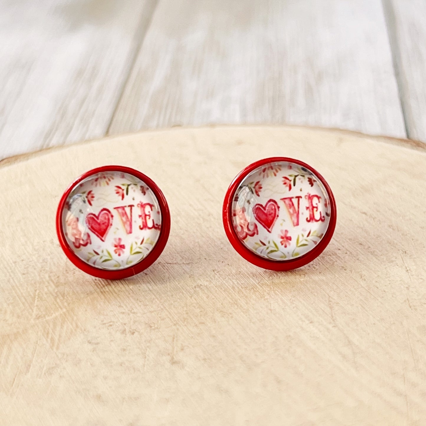 Pink Floral & Heart Red Stud Earrings: Expressive Accents with the Word 'Love’