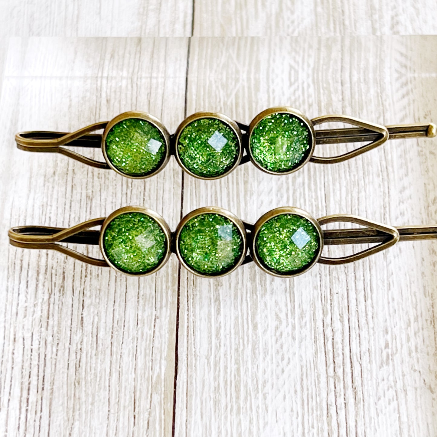 Green Shimmer Hair Pins – Sparkly Boho Hair Accessories Antique Bronze Finish