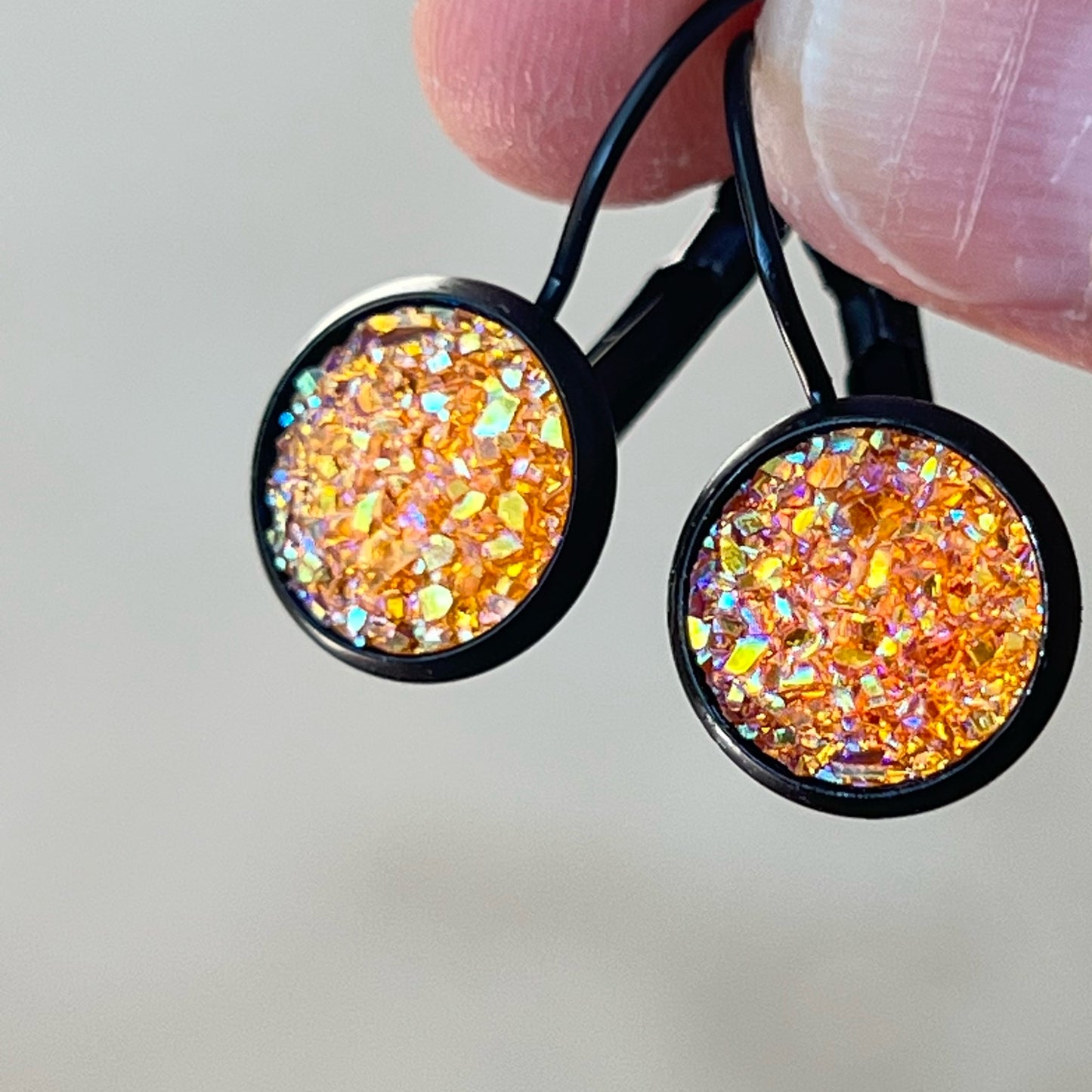 Orange Glitter Druzy Black Dangle Earrings - Sparkling & Stylish Accessories