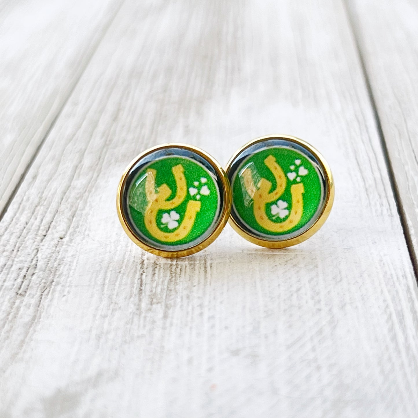 Lucky Horseshoe Stud Earrings – Green & Gold St. Patrick’s Day Jewelry for Her