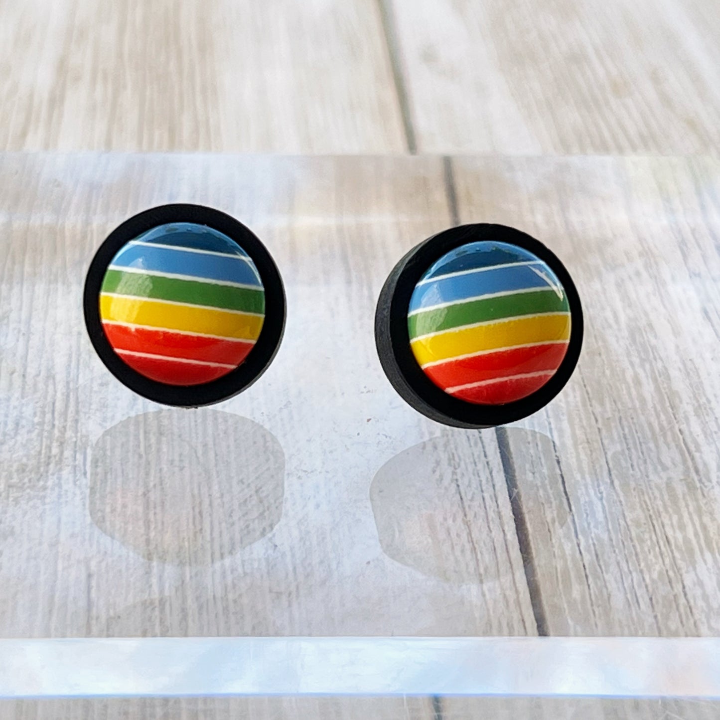 Rainbow Stripe Stud Earrings – Bold Colorful Handmade Jewelry in Black Wood