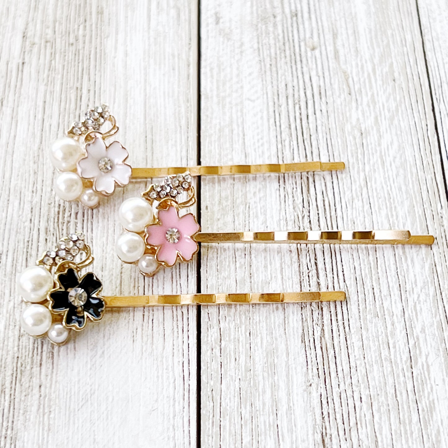 Black, White & Pink Enamel and Rhinestone Flower Hair Pins Set of 3 - Elegant and Versatile Hair Accessories