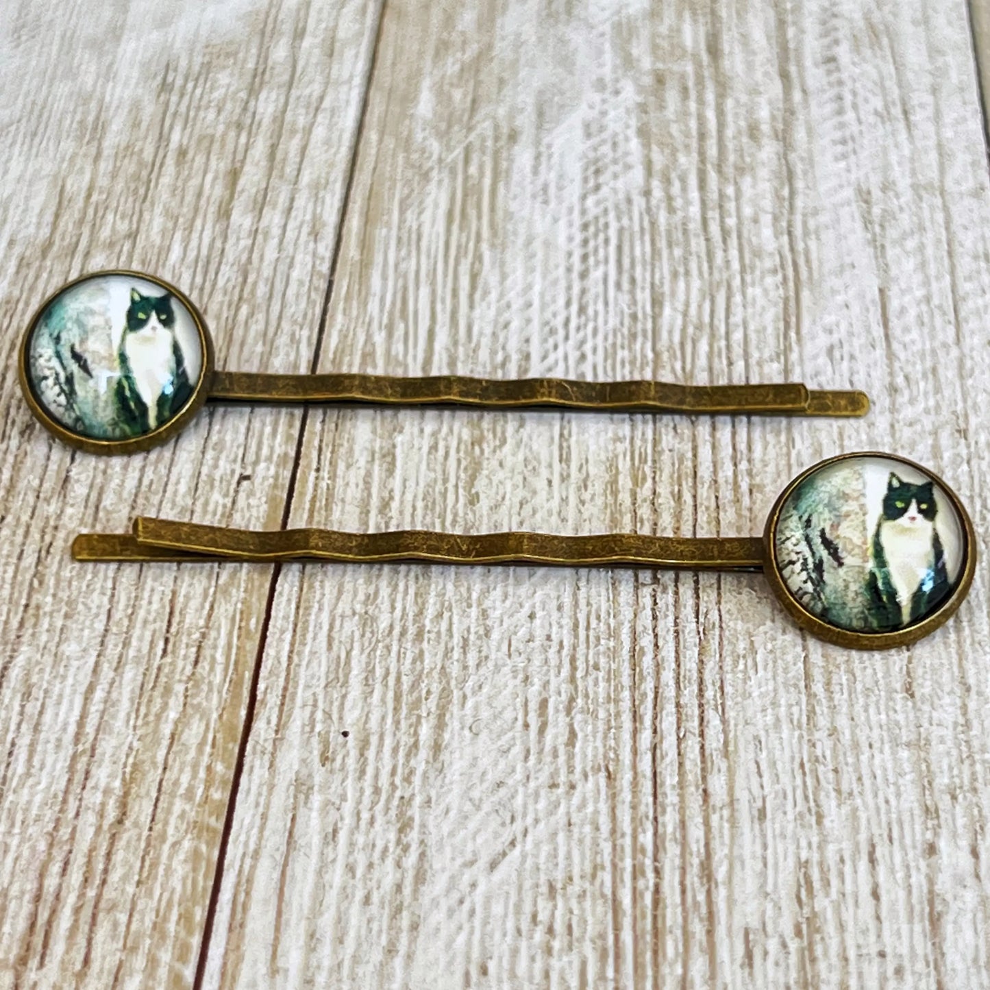 Black & White Cat Brass Hair Pins - Feline-Inspired Accessories