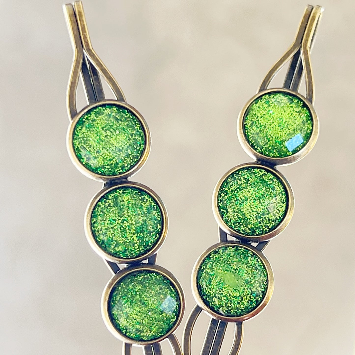 Green Shimmer Hair Pins – Sparkly Boho Hair Accessories Antique Bronze Finish