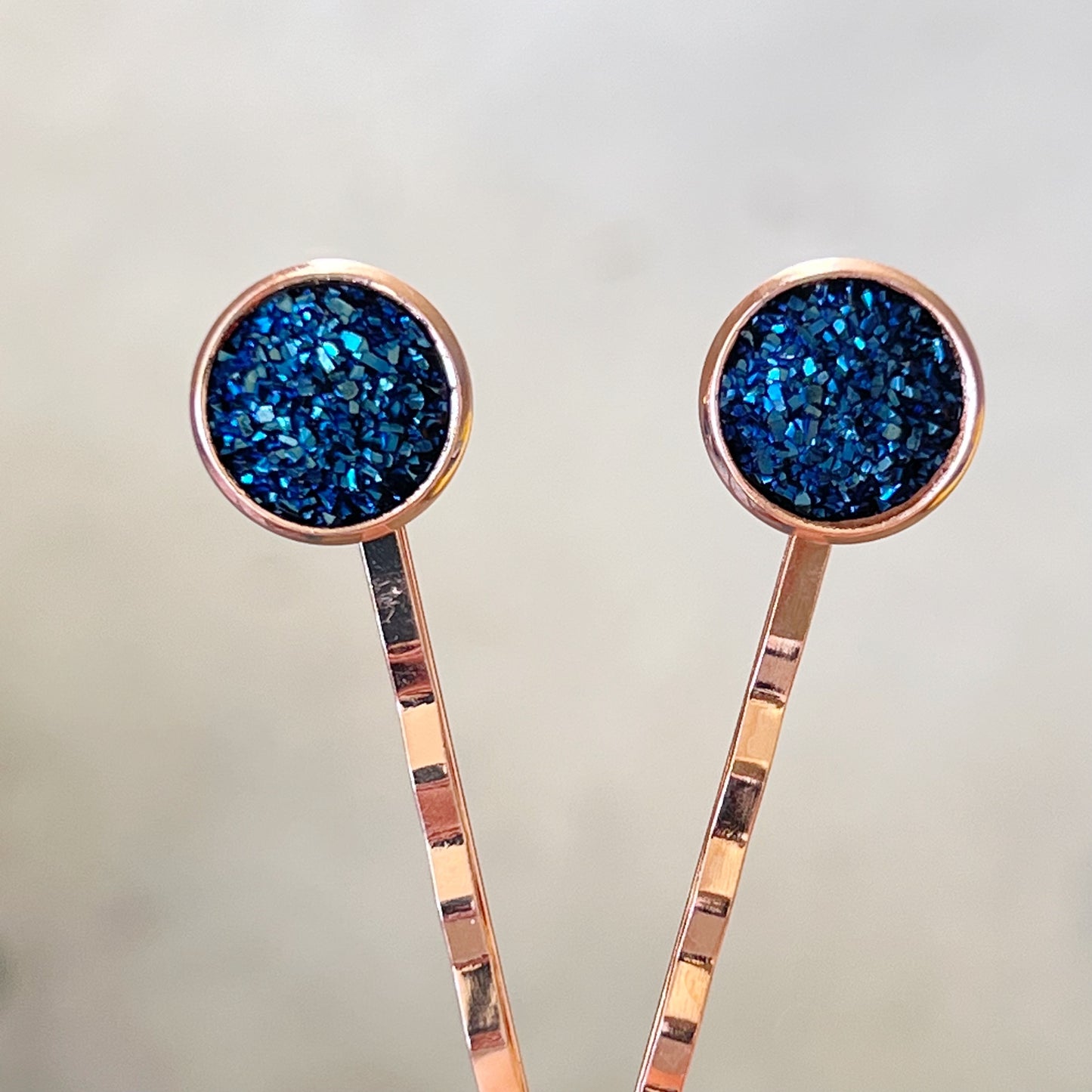 Cobalt Blue Druzy Rose Gold Hair Pins: Elegant & Vibrant Accessories