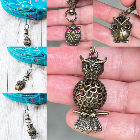 Set of 3 Brass Owl Purse Charms with Rhinestone Accents