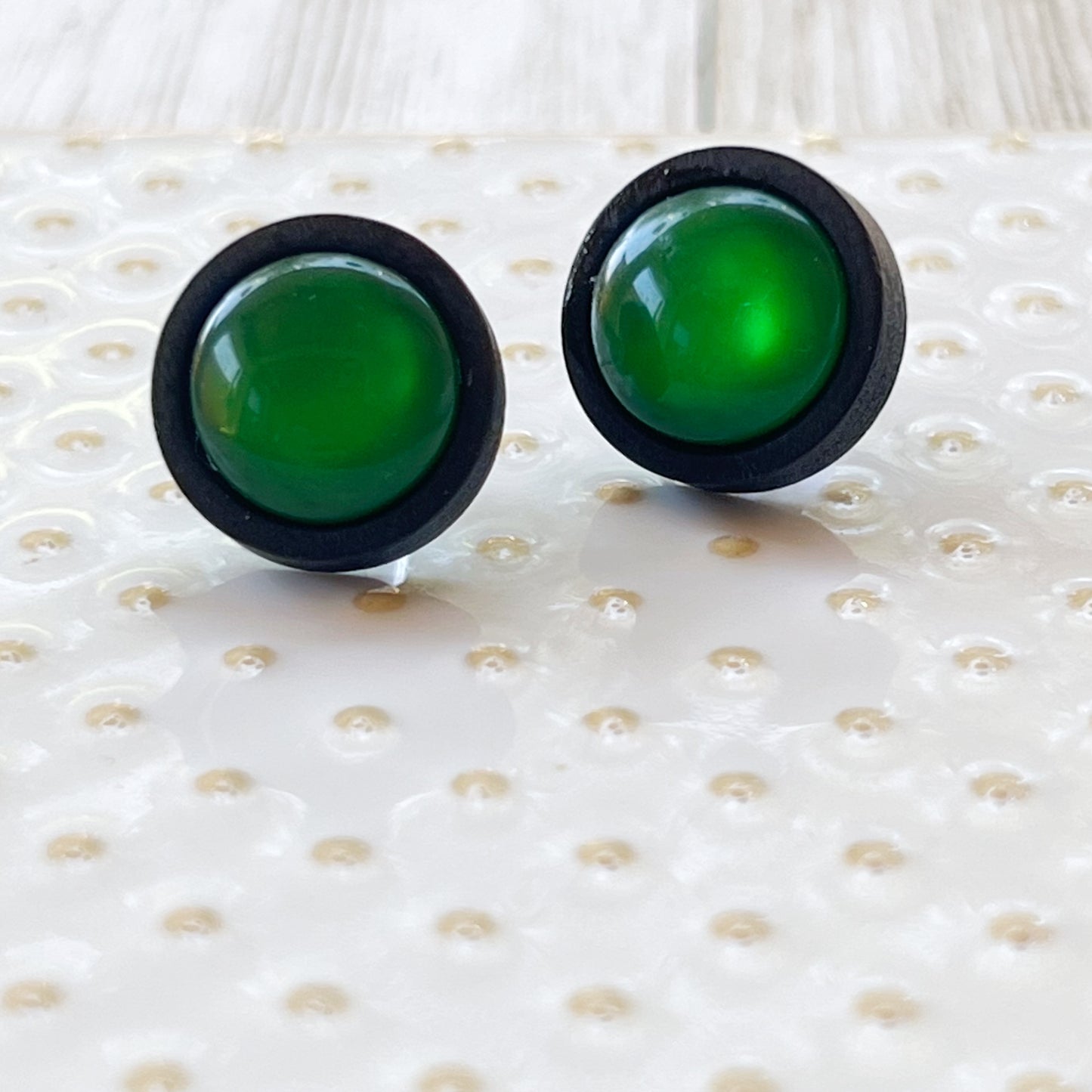 Green Resin Black Wood Unisex Stud Earrings - Stylish & Versatile Accessories