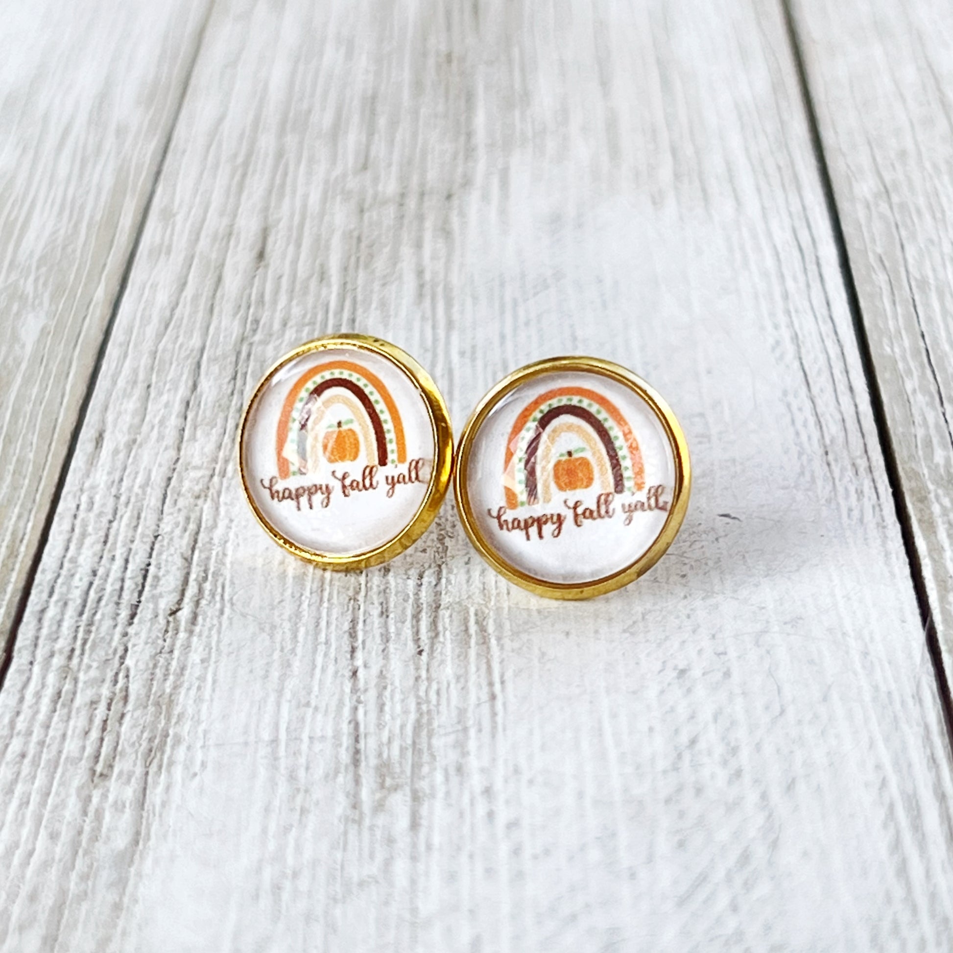 Boho Rainbow Happy Fall Y’all Gold Stud Earrings - Colorful & Festive Autumn Accessories