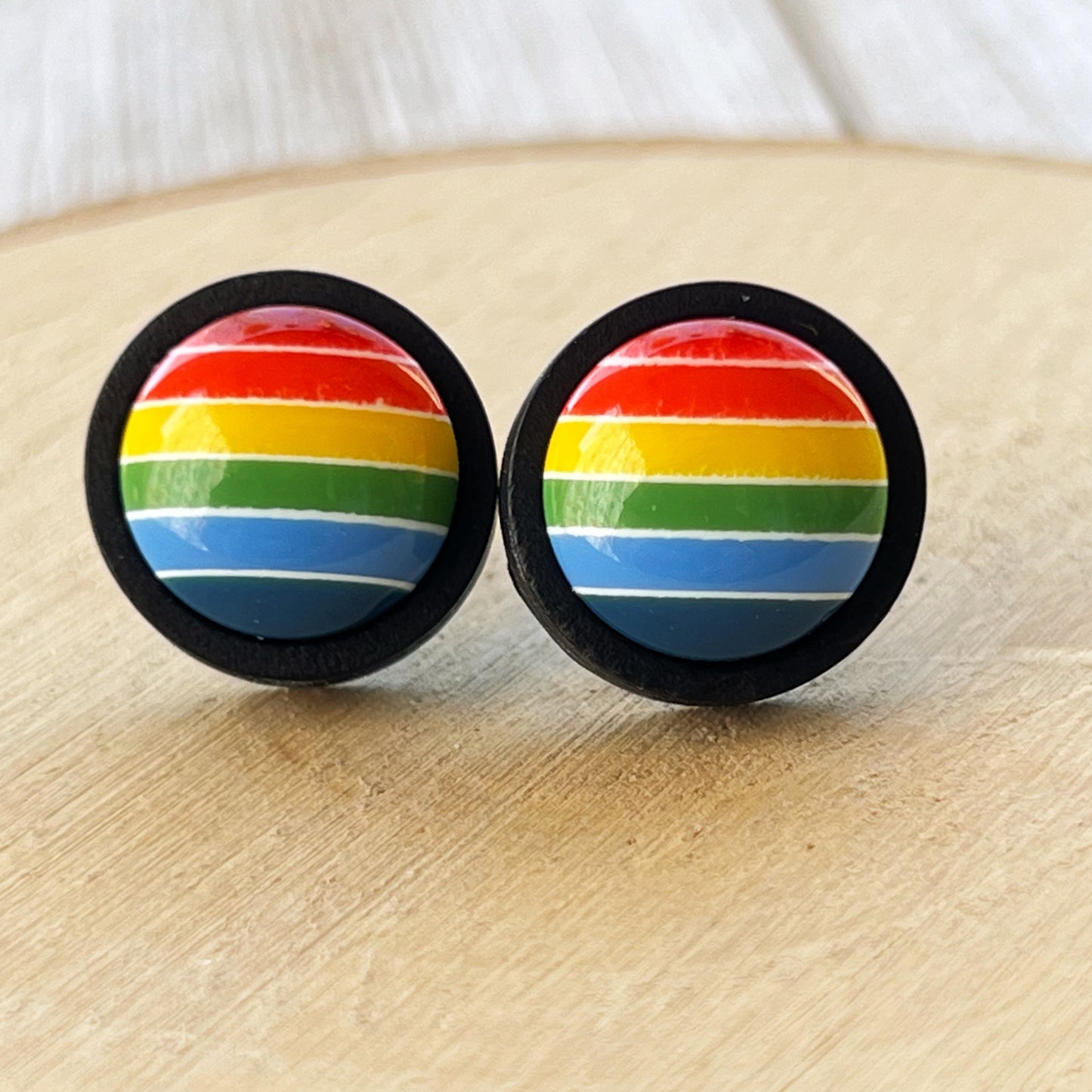 Rainbow Stripe Stud Earrings – Bold Colorful Handmade Jewelry in Black Wood