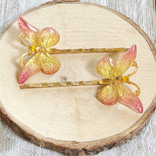 Pink & Yellow Gold Butterfly Hair Pins