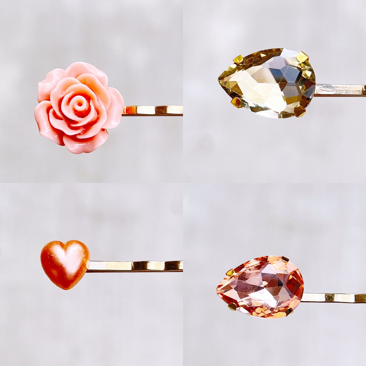 Vintage Inspired Rose Gold Hair Pins: Adorned with Rhinestone Pearls, Flowers, Hearts, & Antiqued Gold Butterflies for Timeless Elegance
