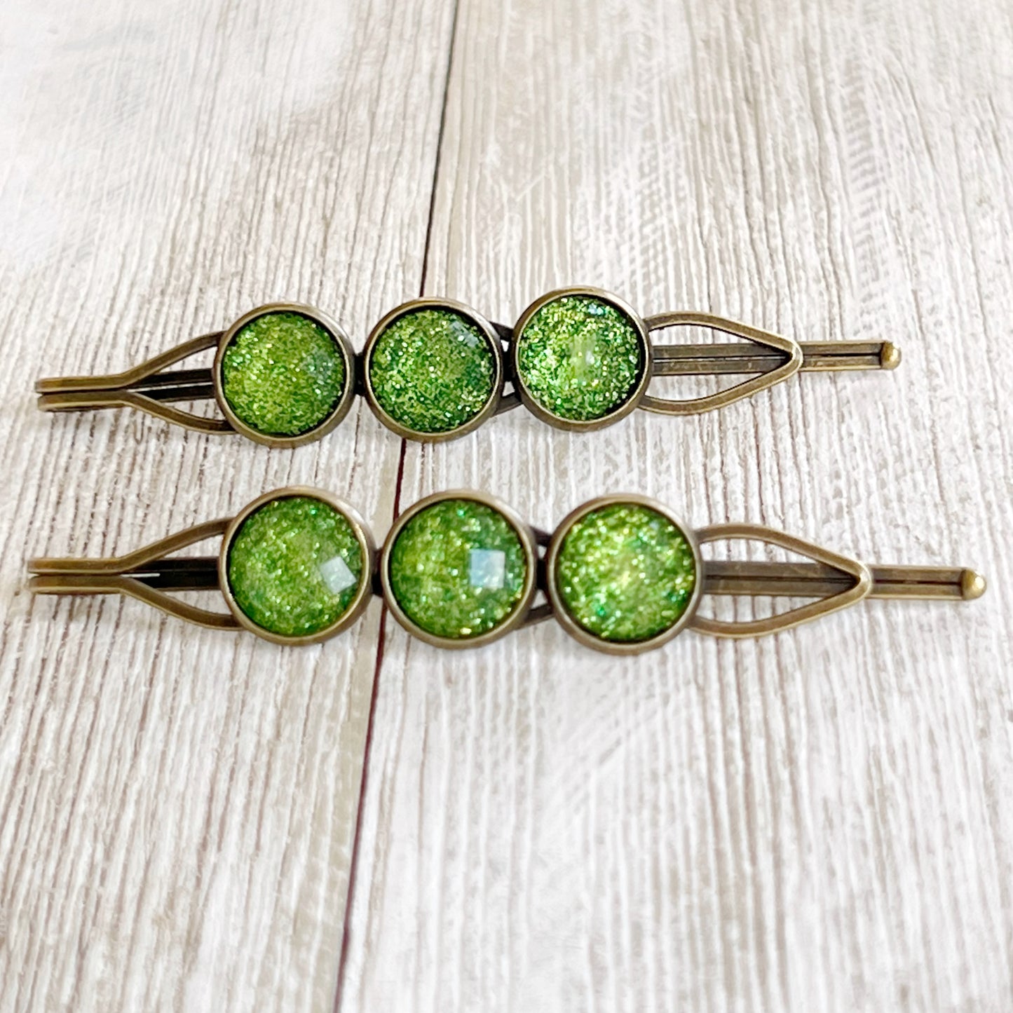 Green Shimmer Hair Pins – Sparkly Boho Hair Accessories Antique Bronze Finish
