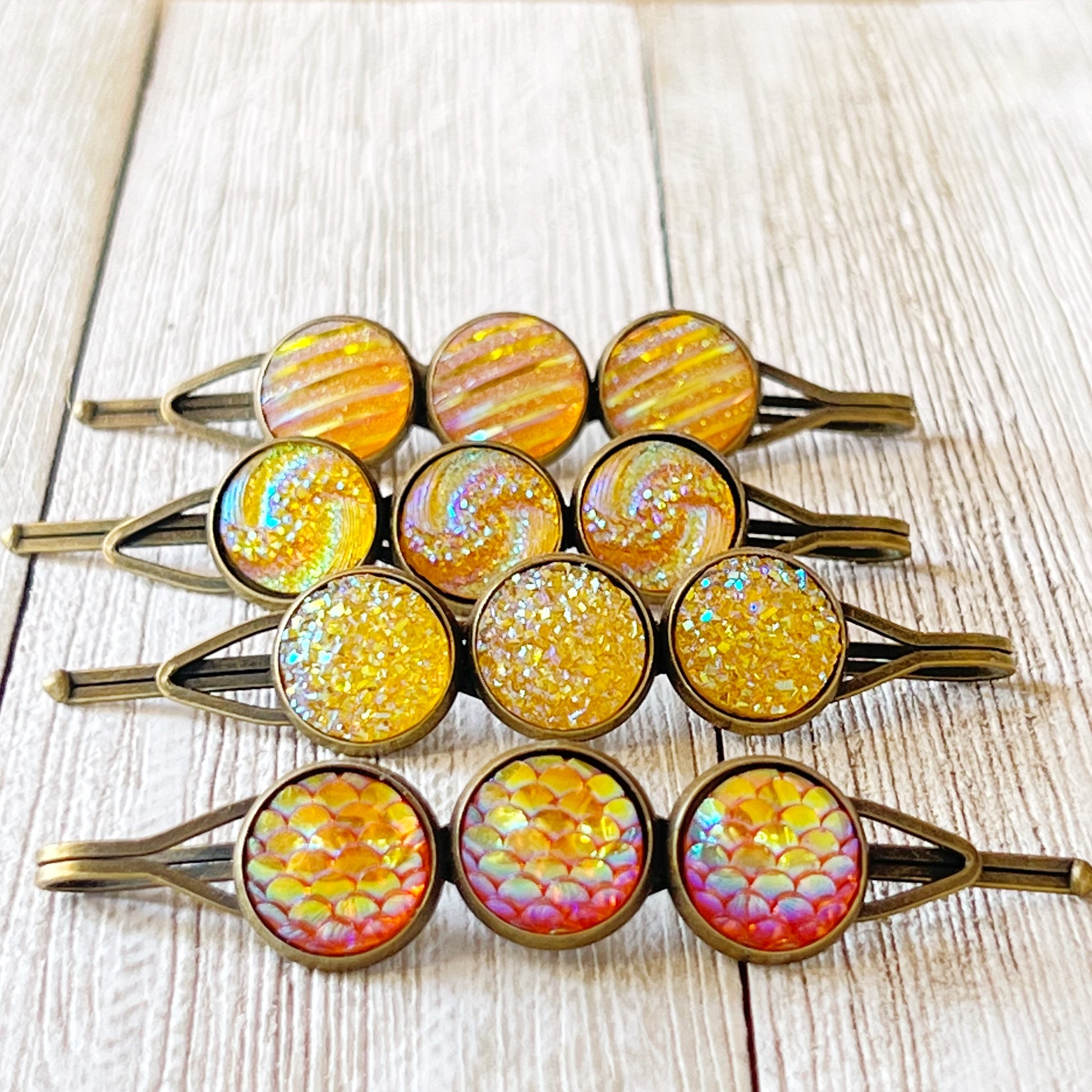 Yellow-Orange Glitter Druzy Hair Pins Set - Set of 4 with Unique Pattern Designs