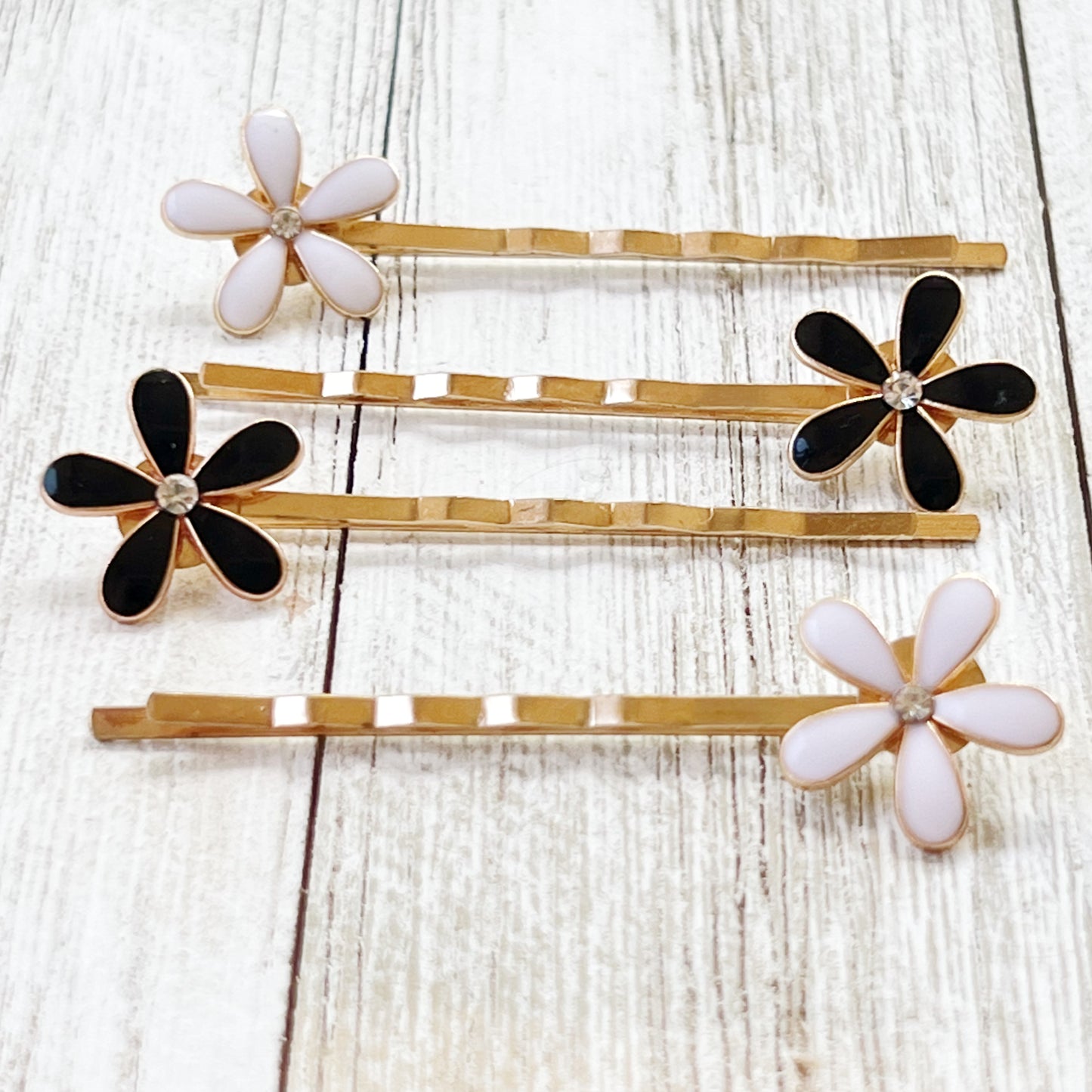 Black & White Enamel Rhinestone Flower Hair Pins - Elegant Floral Hair Accessories