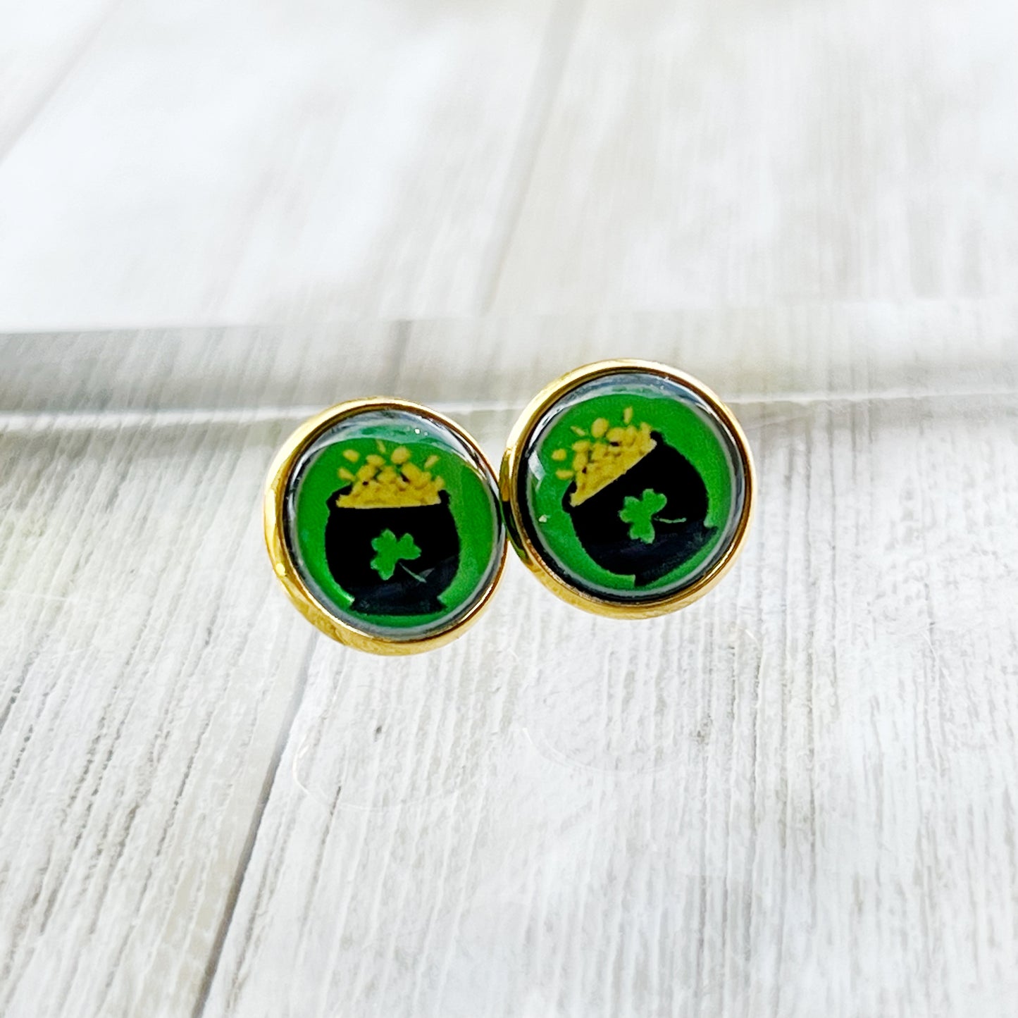 Gold Stud Earrings: Lucky Pot of Gold Design for St. Patrick's Day Charm
