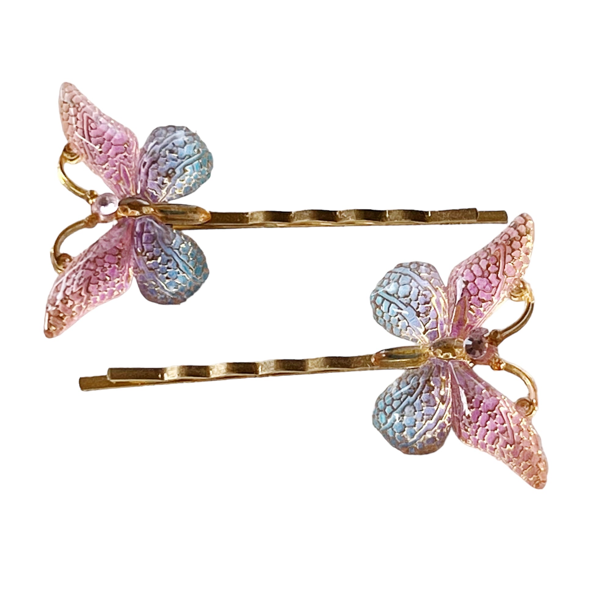 Large Acrylic Butterfly Hair Pins: Vibrant Pink, Blue & Gold tones with Rhinestone Accents for Statement Hairstyles