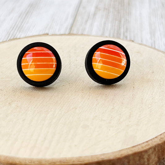 Orange Gradient Striped Black Wood Unisex Earrings - Stylish and Unique Accessories