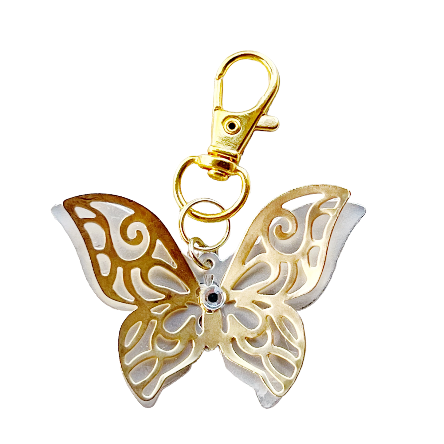 Gold & Silver Butterfly Zipper Pull Keychain Purse Charm with Filigree & Rhinestone Accents - Elegant & Stylish Accessory for Your Bag