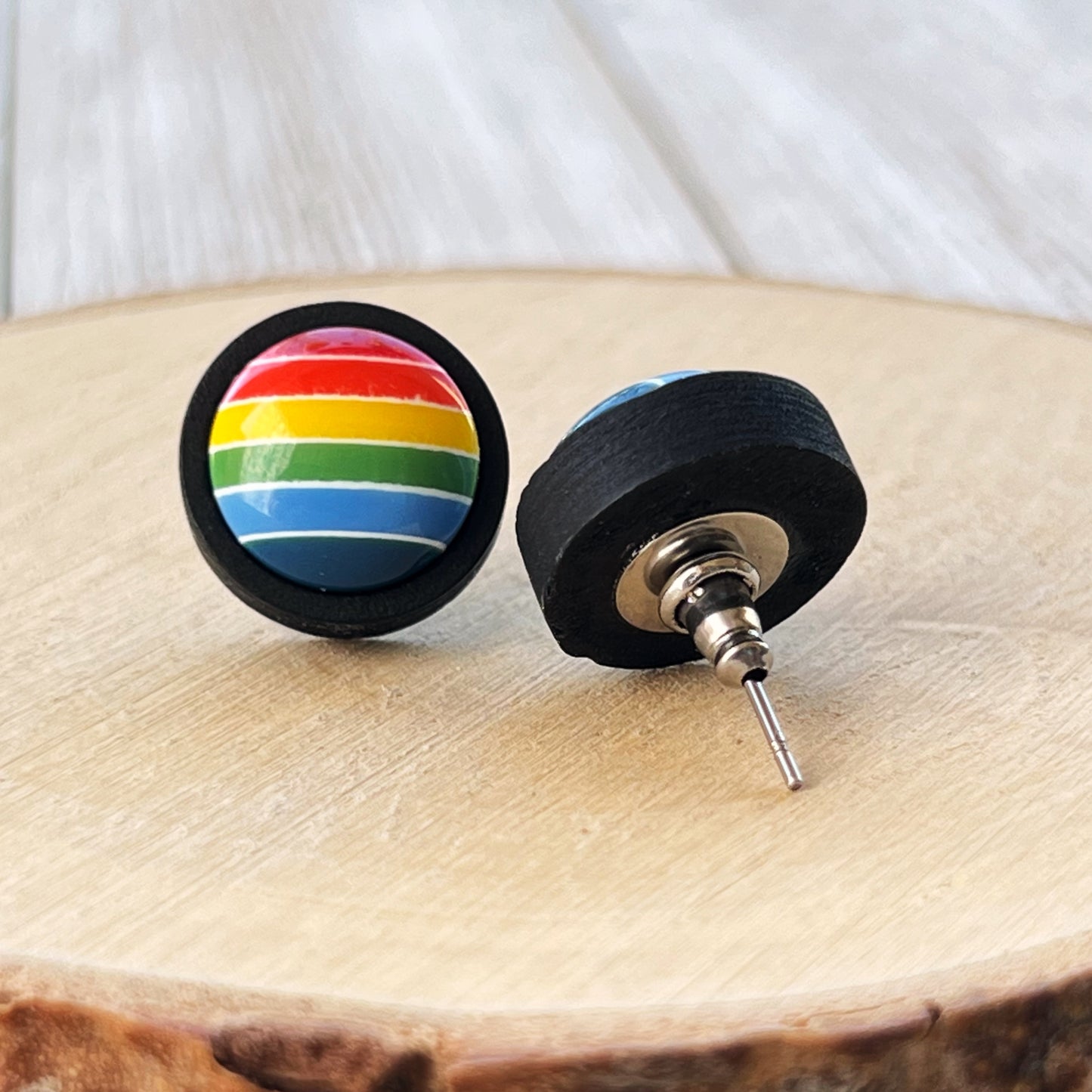 Rainbow Stripe Stud Earrings – Bold Colorful Handmade Jewelry in Black Wood