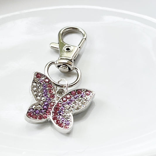 Purple & Pink Butterfly Zipper Pull Keychain Charm with Rhinestones - Stylish and Whimsical Accessory for Your Bag