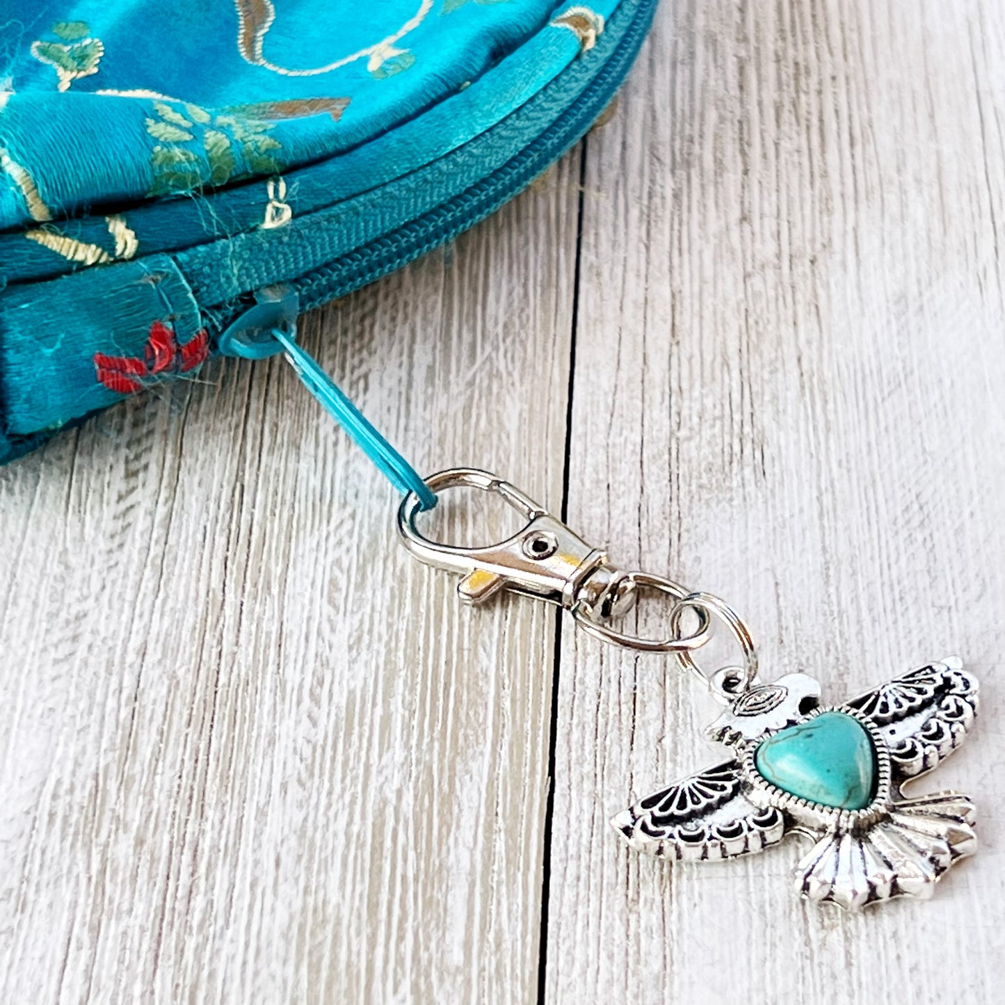 Turquoise Thunderbird Western Zipper Pull Handbag Charm - Stylish Southwest-Inspired Accessory