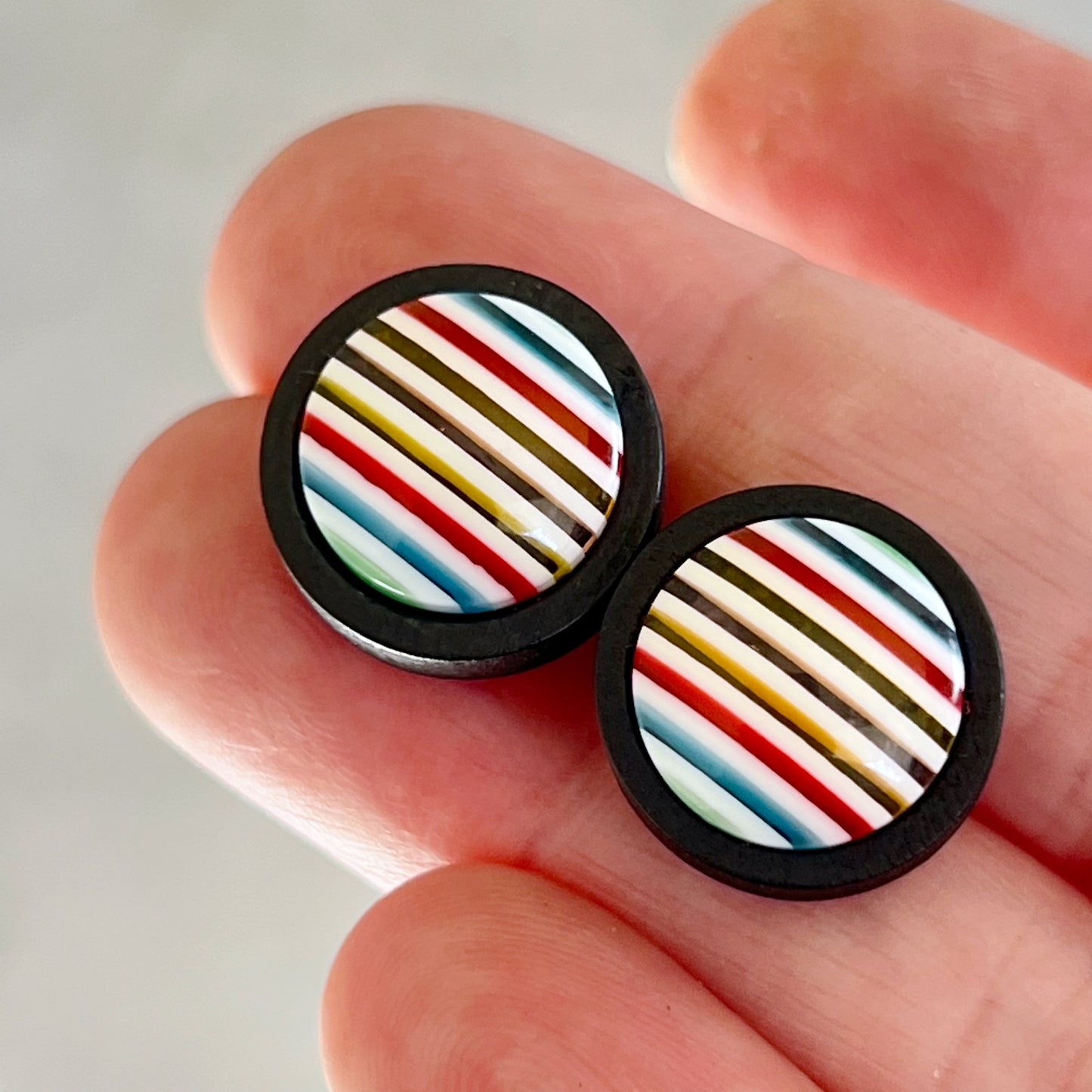 Blue, Red, Yellow Striped Black Wood Stud Earrings - Colorful and Unique Accessories
