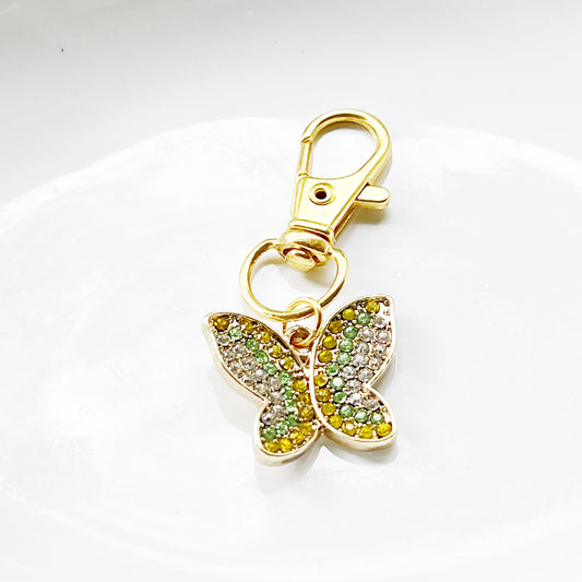 Yellow & Green Butterfly Zipper Pull Keychain Charm with Rhinestones - Stylish and Whimsical Accessory for Your Bag