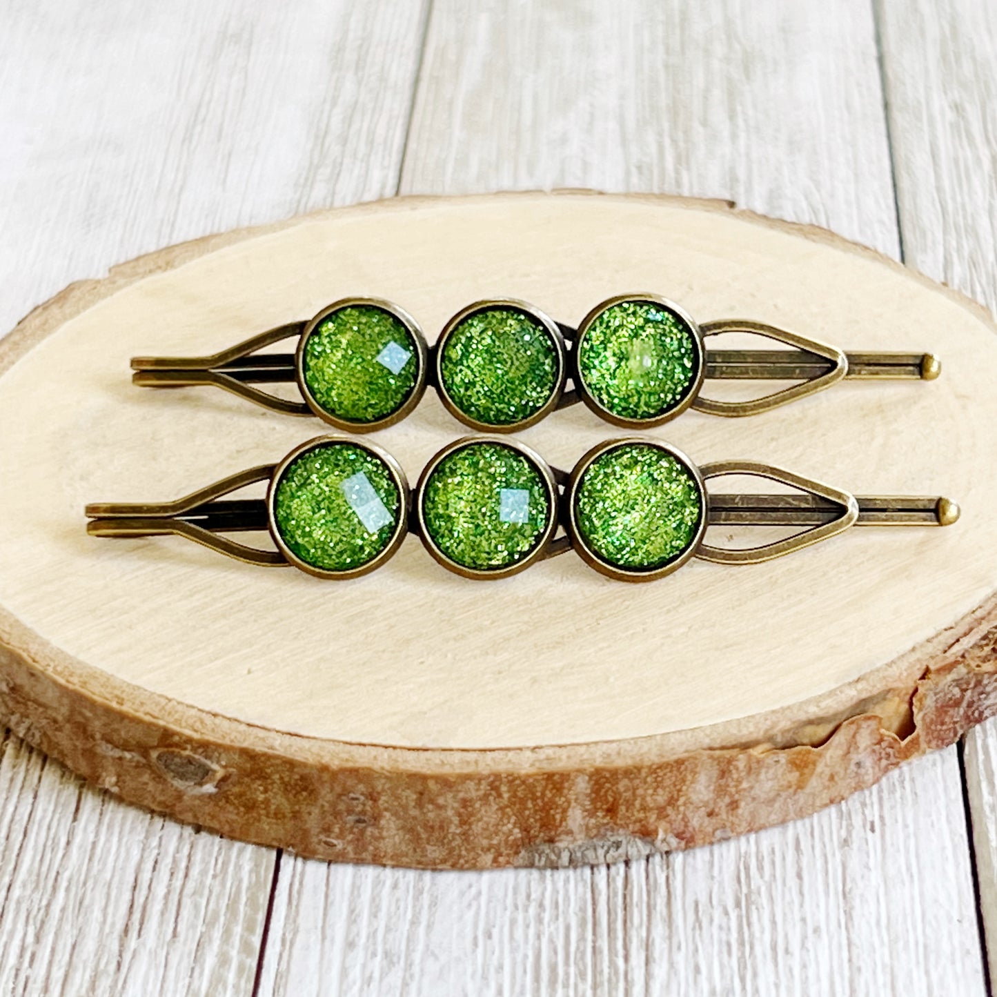 Green Shimmer Hair Pins – Sparkly Boho Hair Accessories Antique Bronze Finish