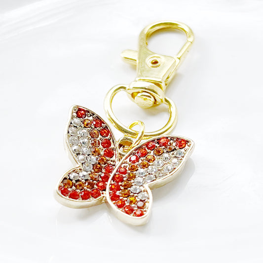 Red & Orange Butterfly Zipper Pull Keychain Charm with Rhinestones - Stylish and Whimsical Accessory for Your Bag