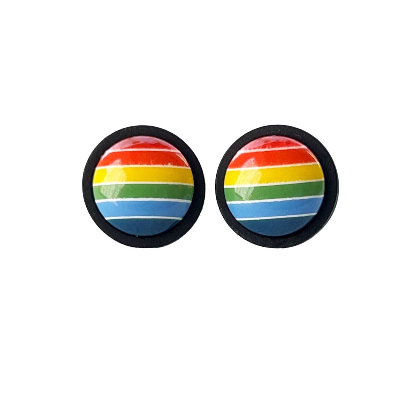 Rainbow Stripe Stud Earrings – Bold Colorful Handmade Jewelry in Black Wood