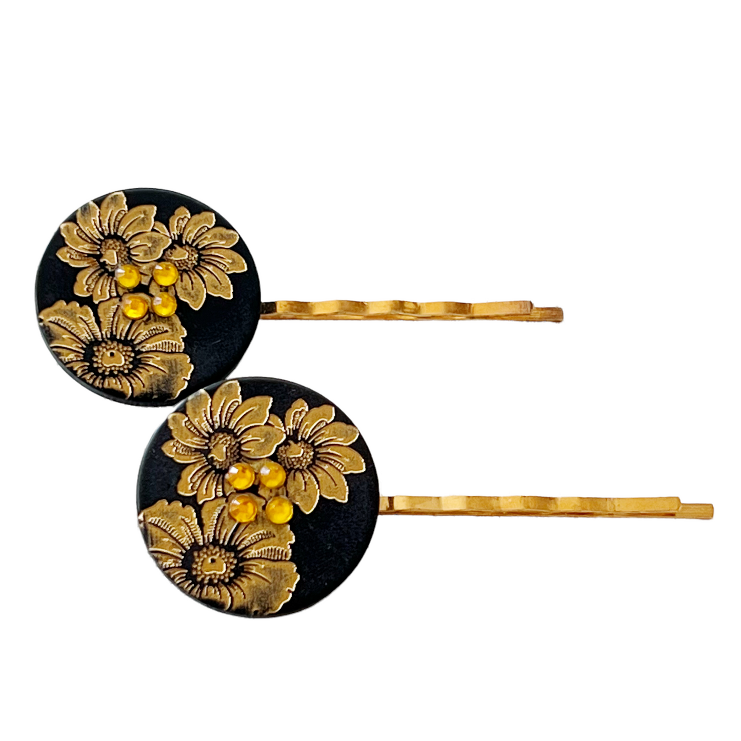 Black & Gold Sunflower Gold Bobby Pin Set- Elegant Floral Hair Accessory