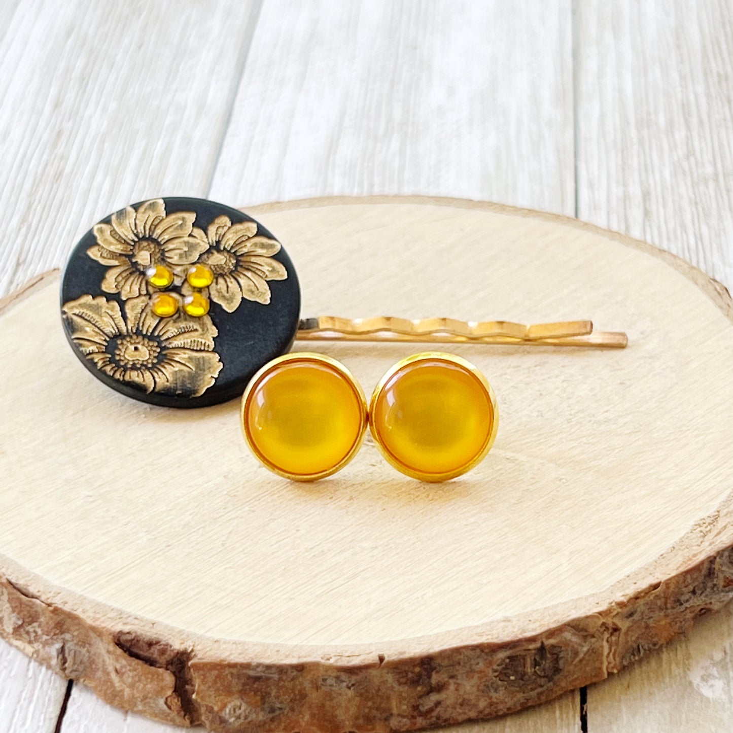Black & Gold Sunflower Gold Bobby Pin with Matching 12mm Gold Earrings - Stylish Floral Accessories