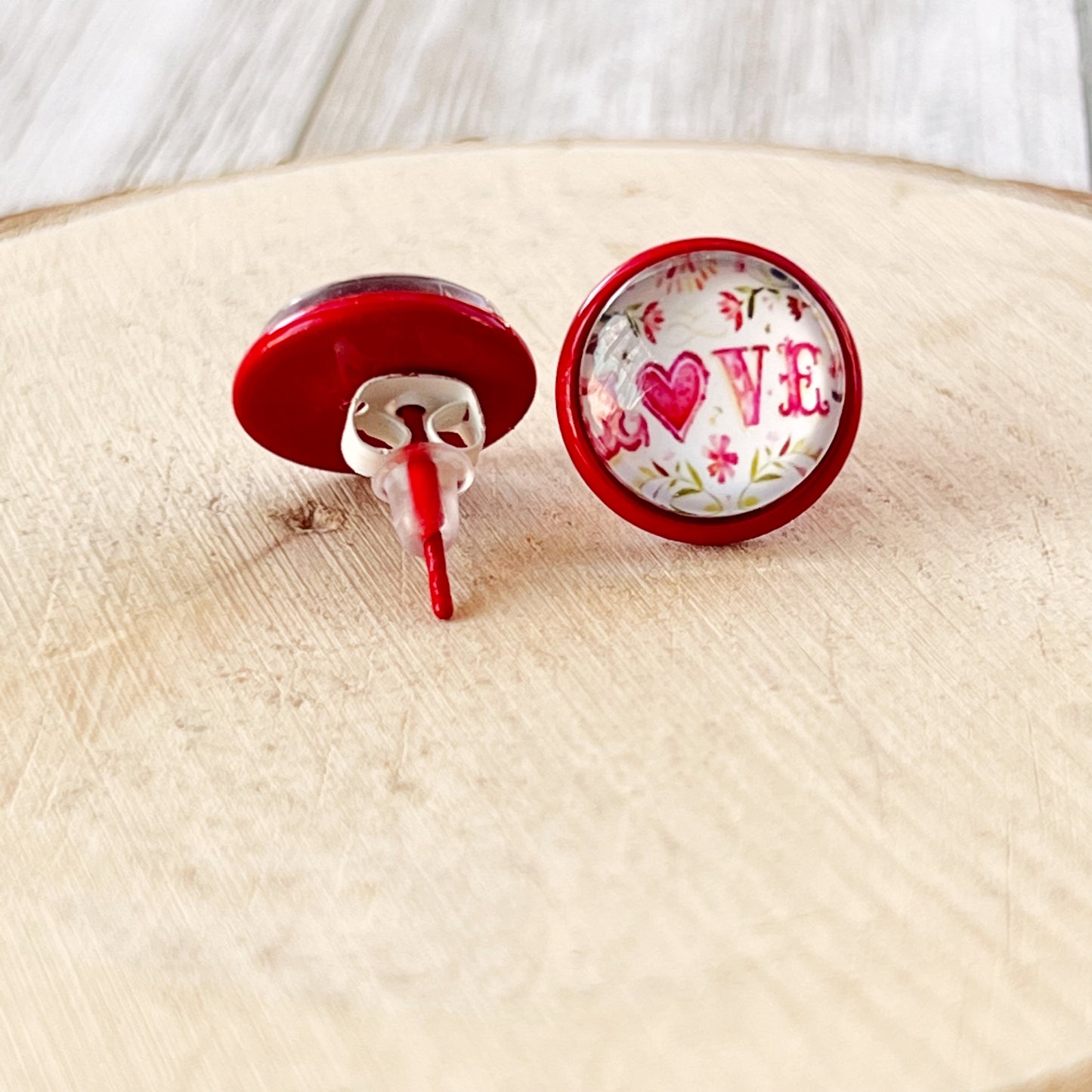 Pink Floral & Heart Red Stud Earrings: Expressive Accents with the Word 'Love’