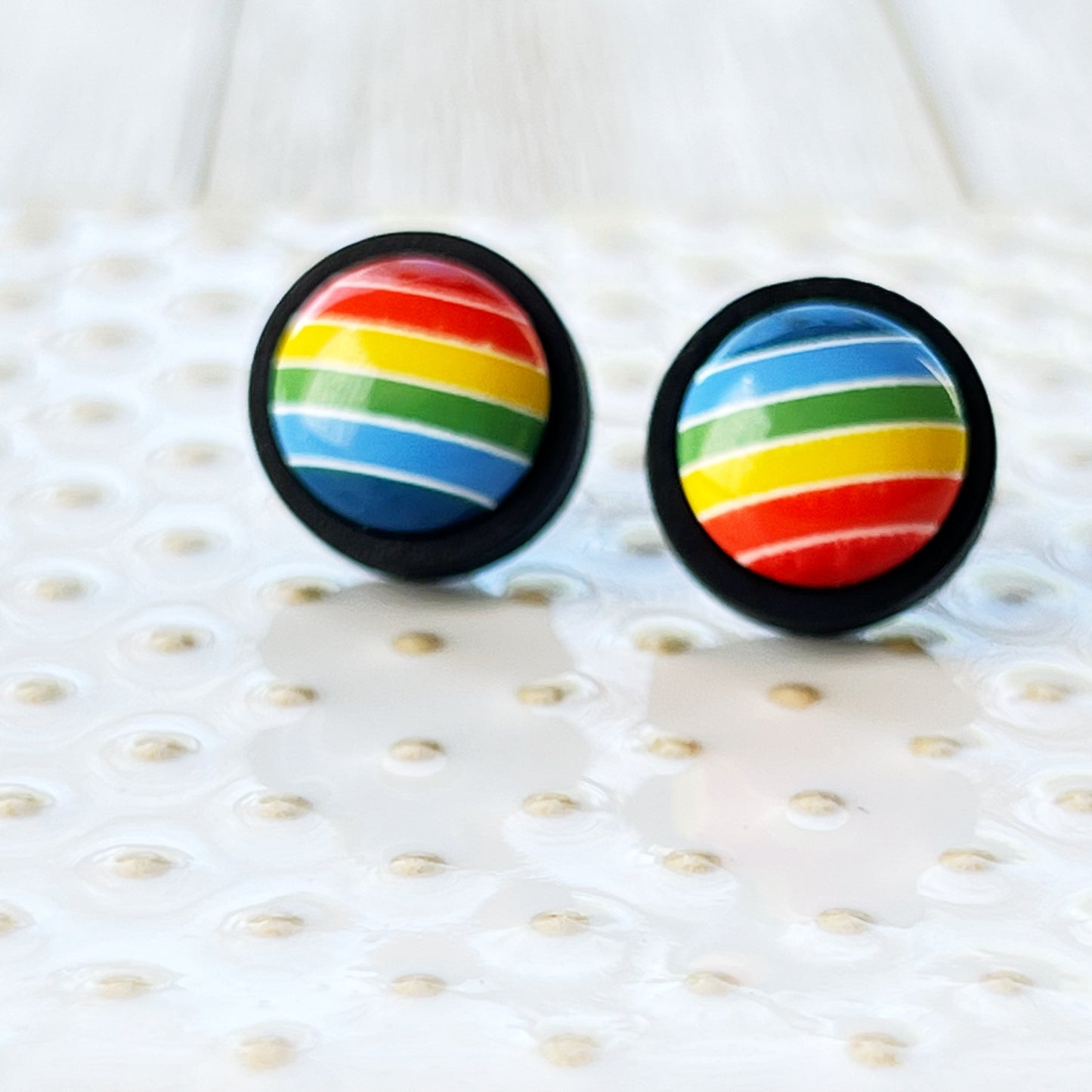 Rainbow Stripe Stud Earrings – Bold Colorful Handmade Jewelry in Black Wood
