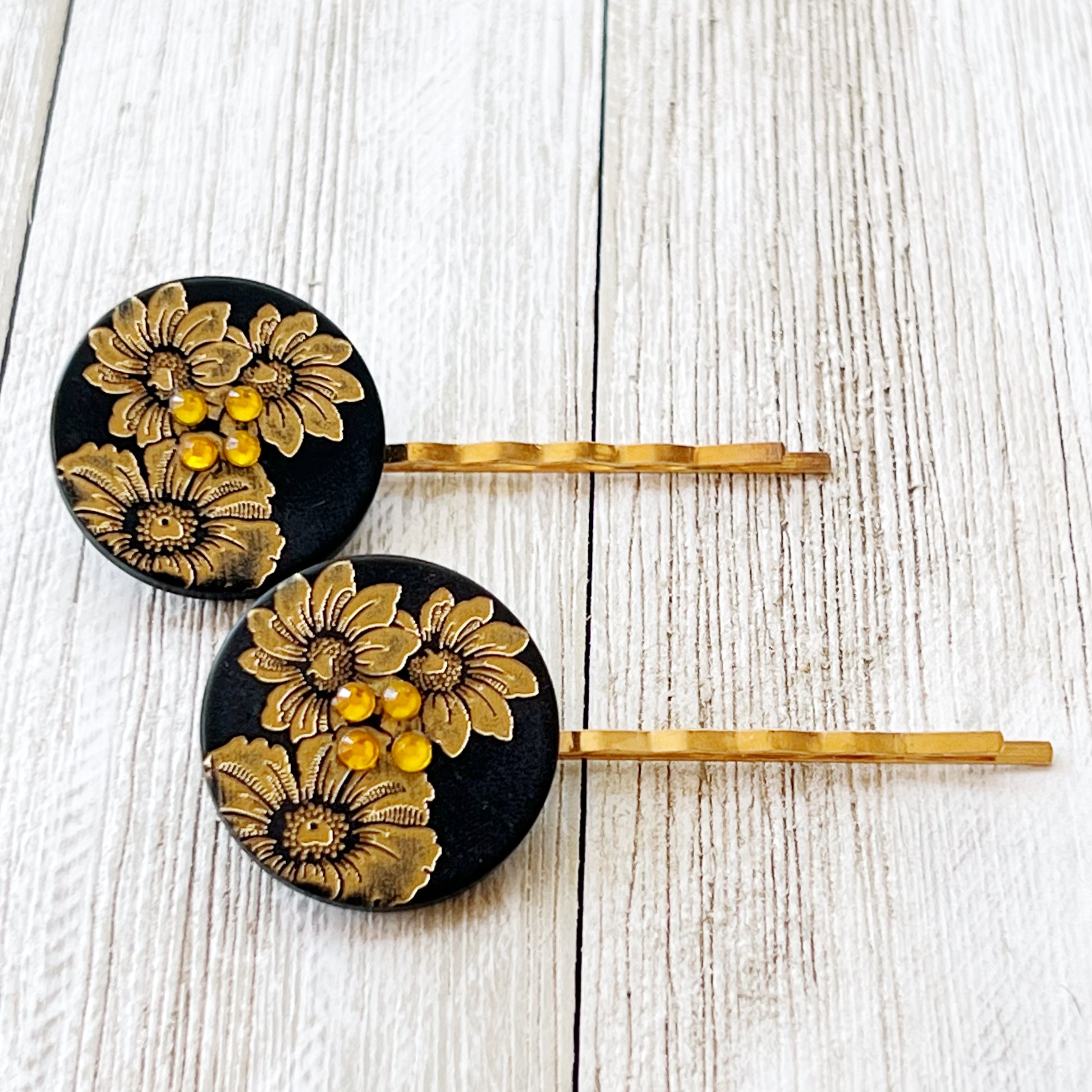Black & Gold Sunflower Gold Bobby Pin Set- Elegant Floral Hair Accessory