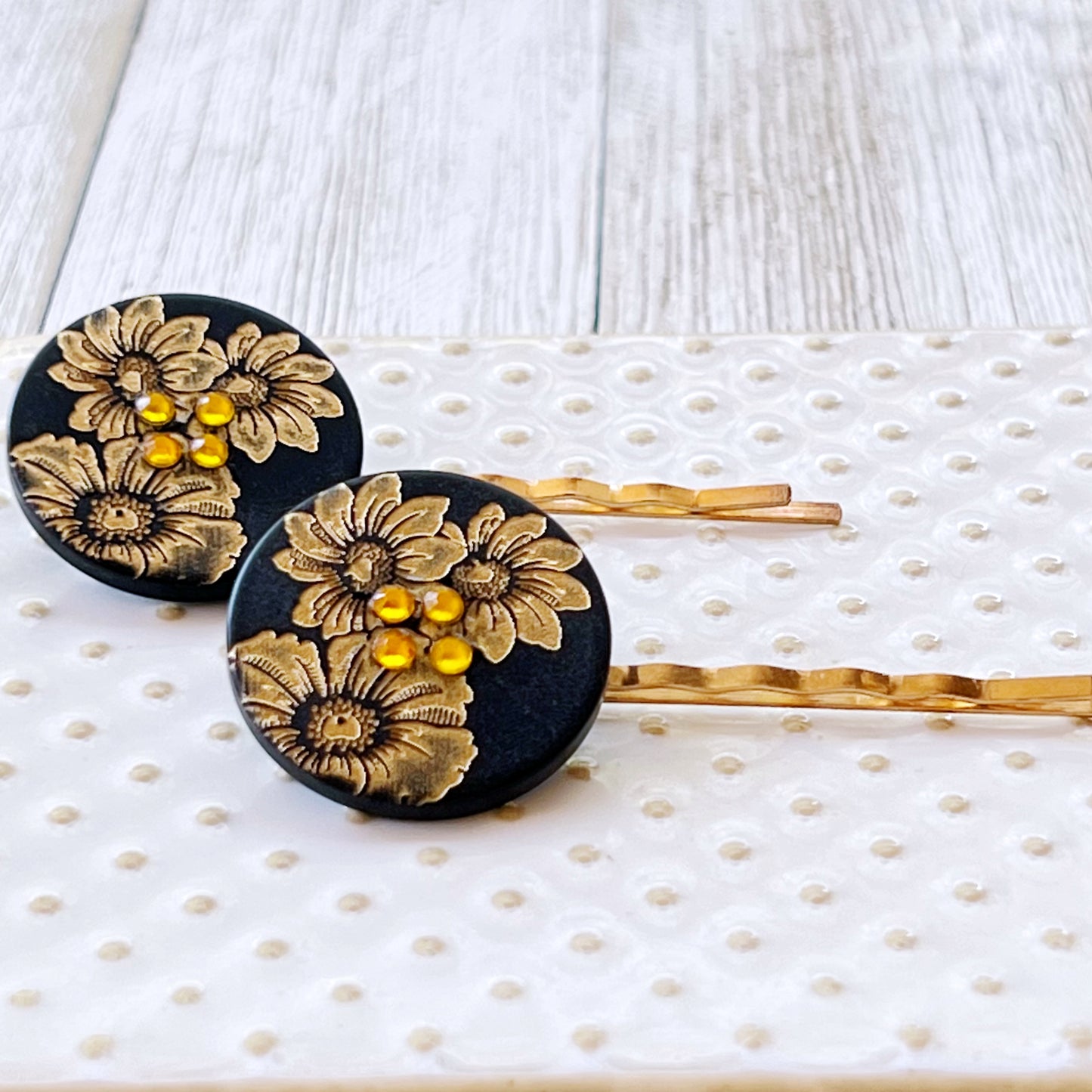 Black & Gold Sunflower Gold Bobby Pin Set- Elegant Floral Hair Accessory