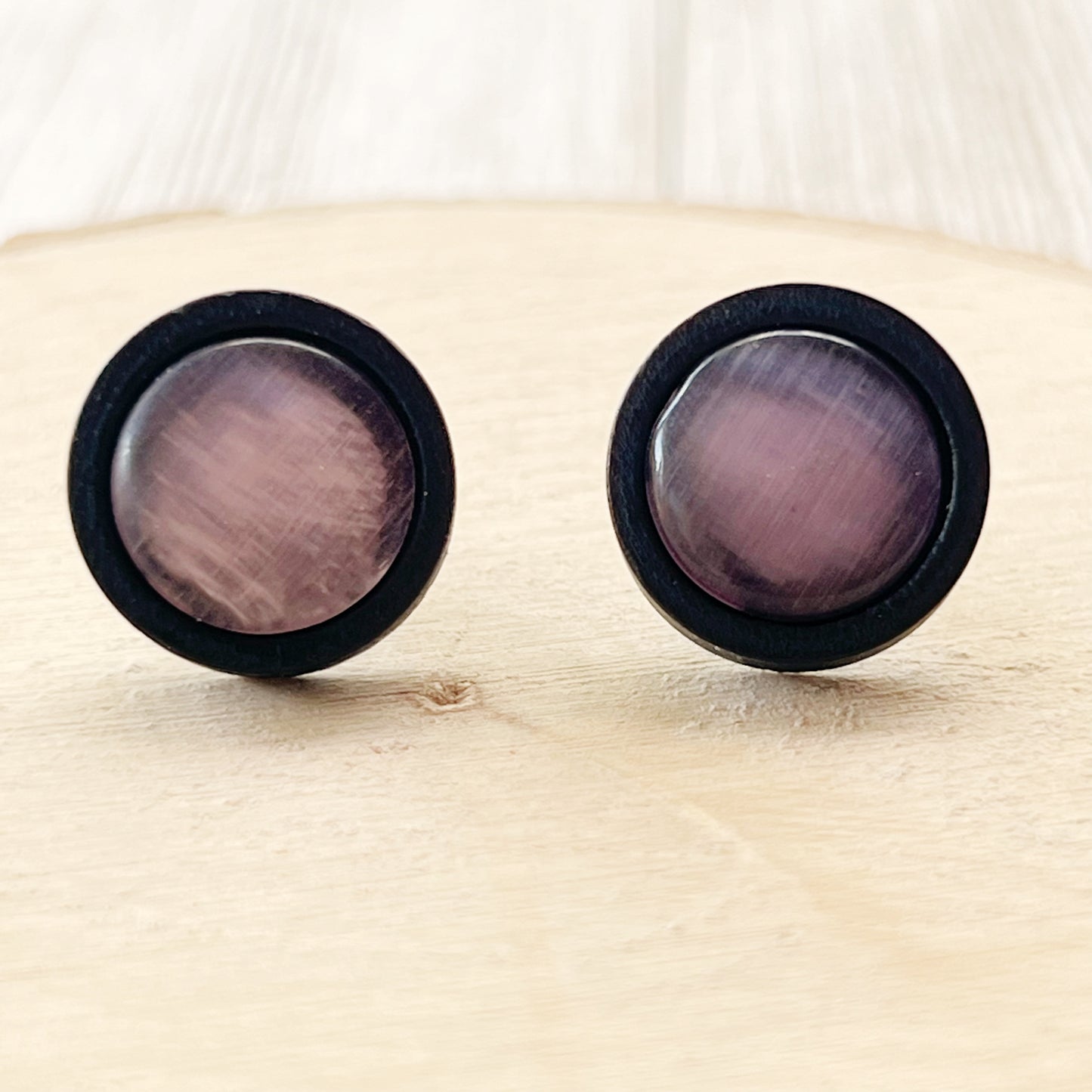 Purple Glass Black Wood Unisex Stud Earrings - Stylish & Versatile Accessories