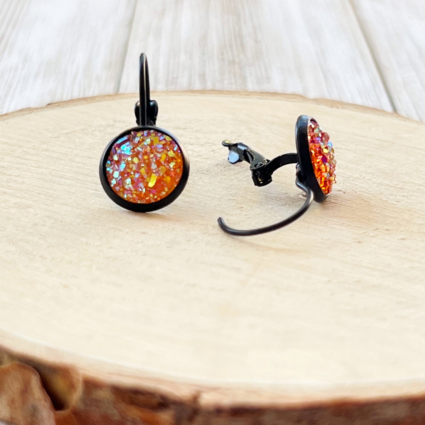 Orange Glitter Druzy Black Dangle Earrings - Sparkling & Stylish Accessories